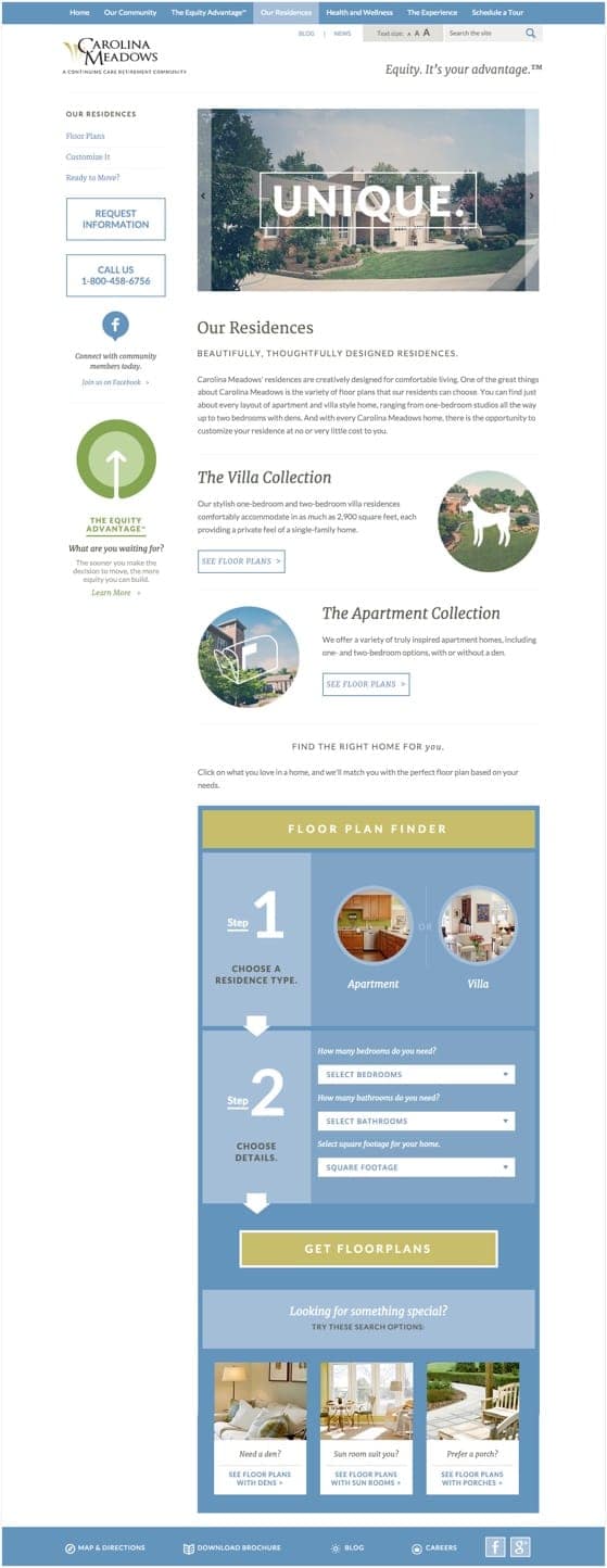 The Our Residences page from the Carolina Meadows website