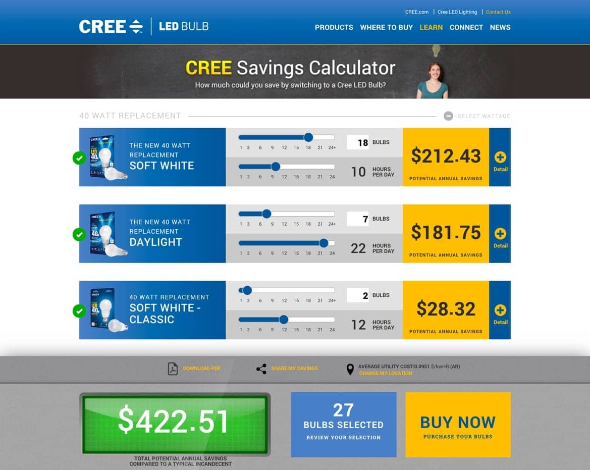 Cree Savings Calculator website page