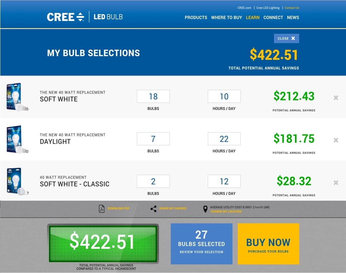 Bulb Selections page from the Cree website