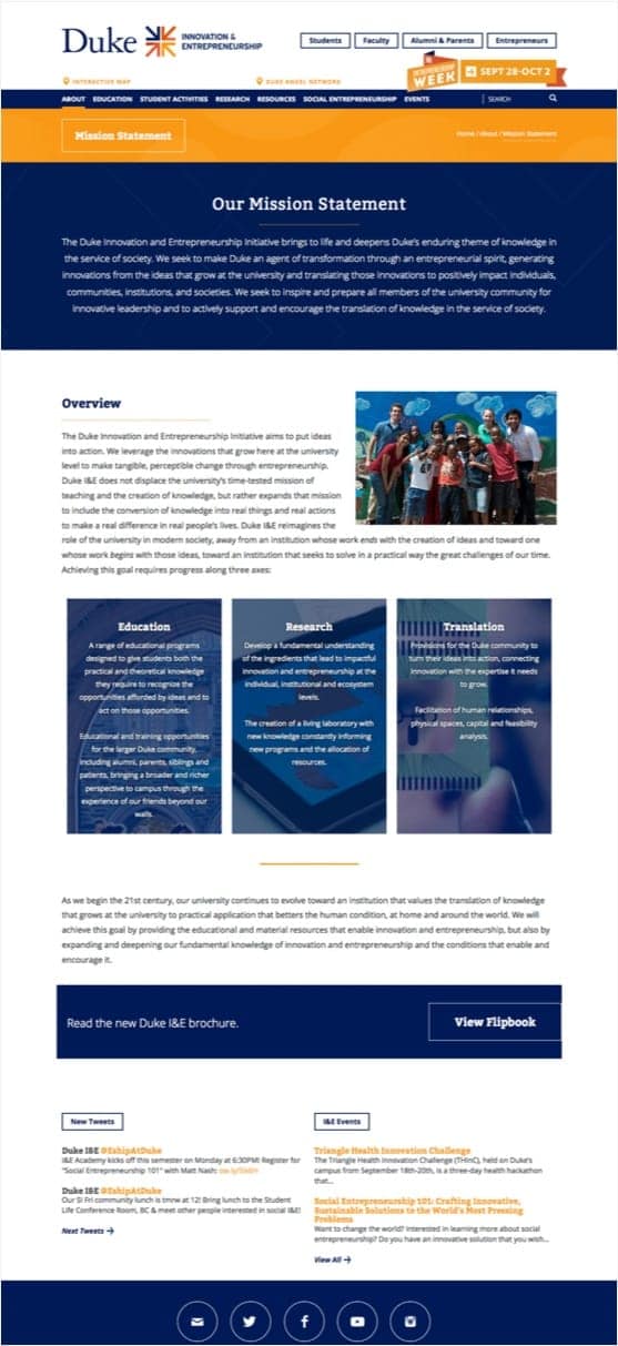 Mission Statement page from the Duke Innovation and Entrepreneurship website
