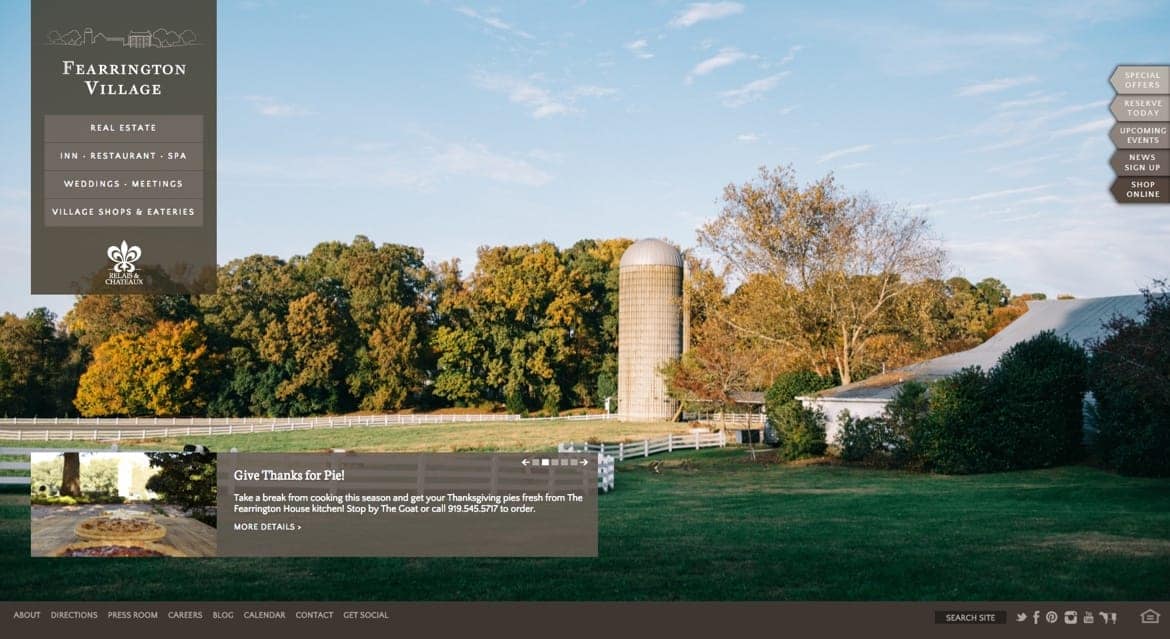 Fearrington Village homepage showing a scenic farm