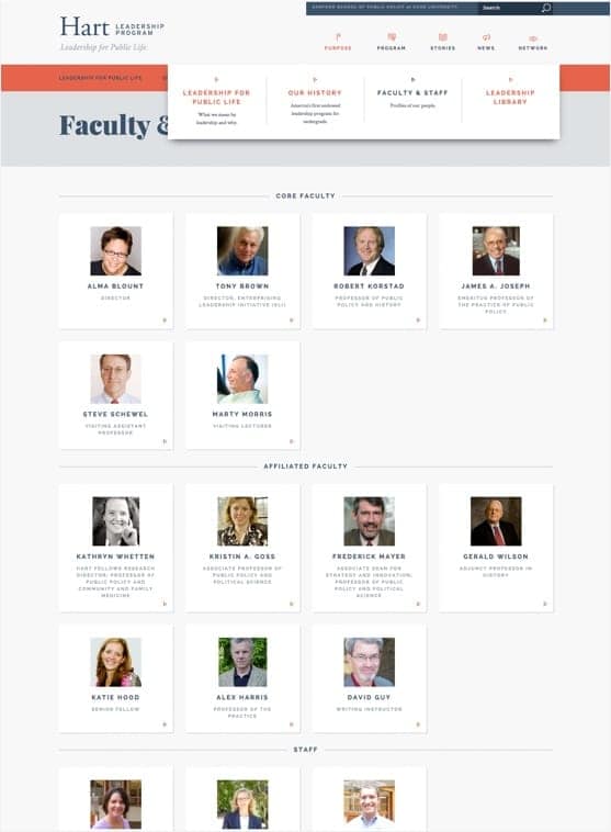 Faculty and Staff page from the Hart Leadership Program website