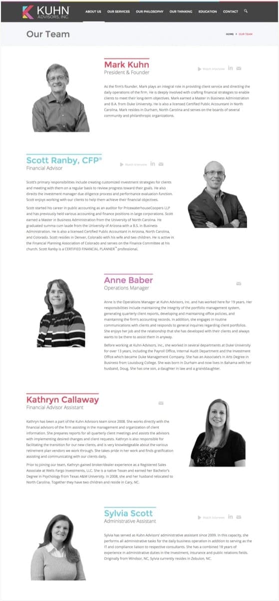Our Team page from the Kuhn Advisors website