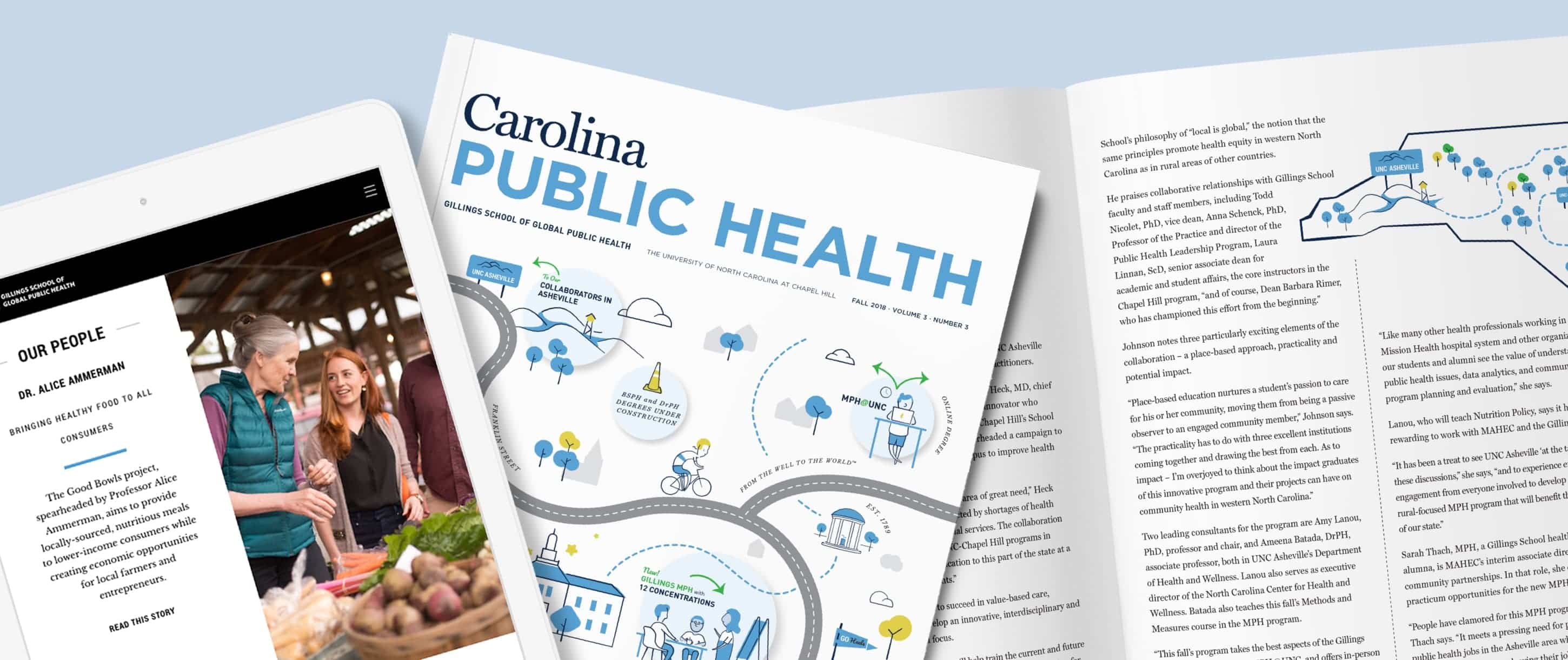 UNC Gillings School hero with landing page on tablet and magazines