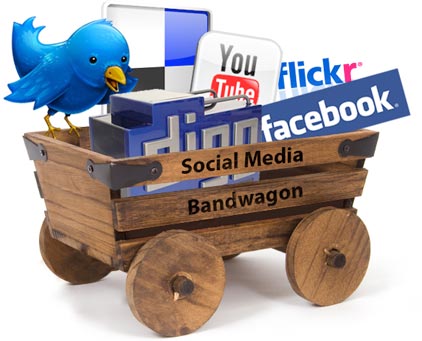 wooden wagon full of social media icons