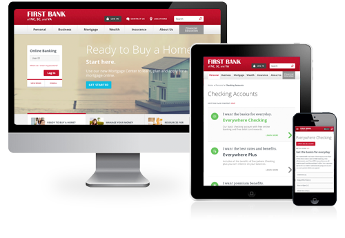 first bank website displayed on desktop, tablet, and mobile