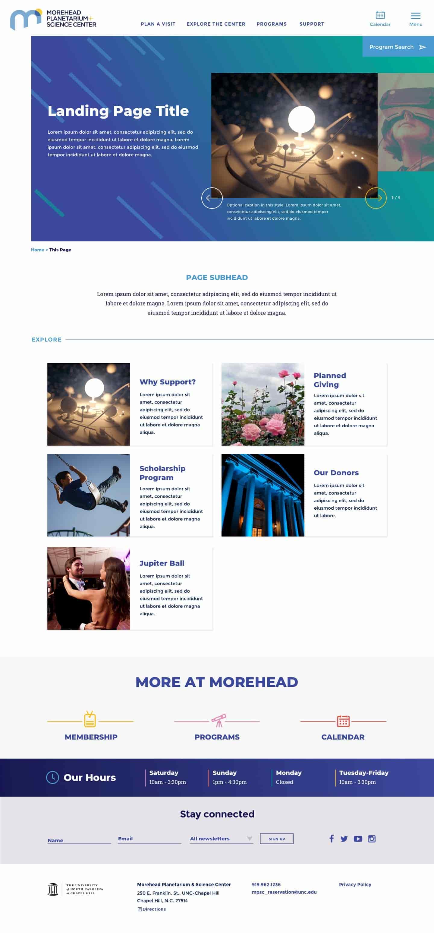 Morehead Planetarium Landing Page Carousel web page on laptop