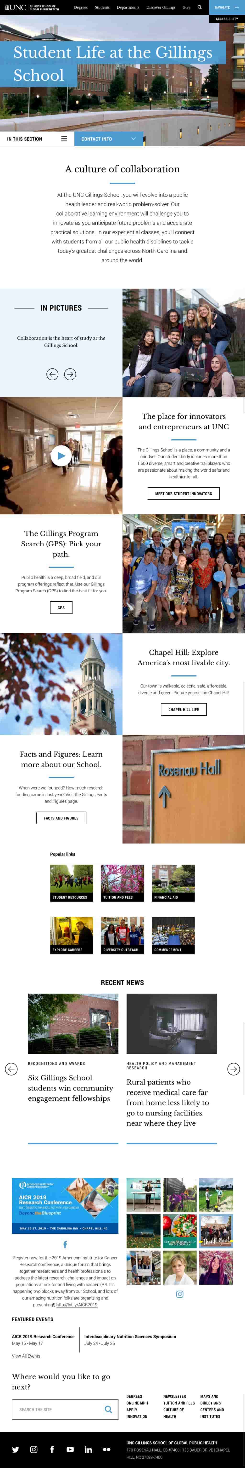 UNC Gillings School website Student Life landing page on tablet