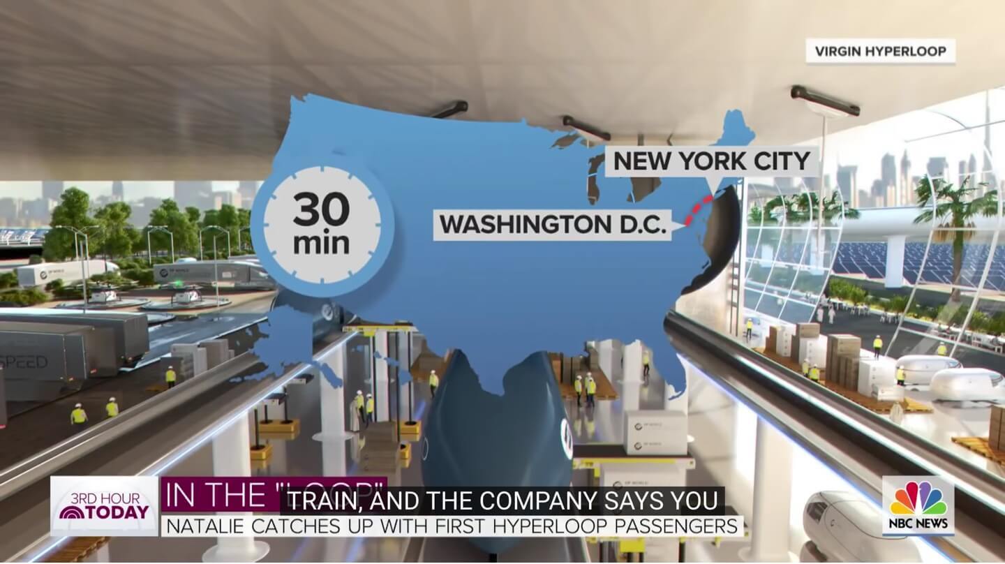 NBC News showing map hyperloop travel 30 minutes from DC to NYC
