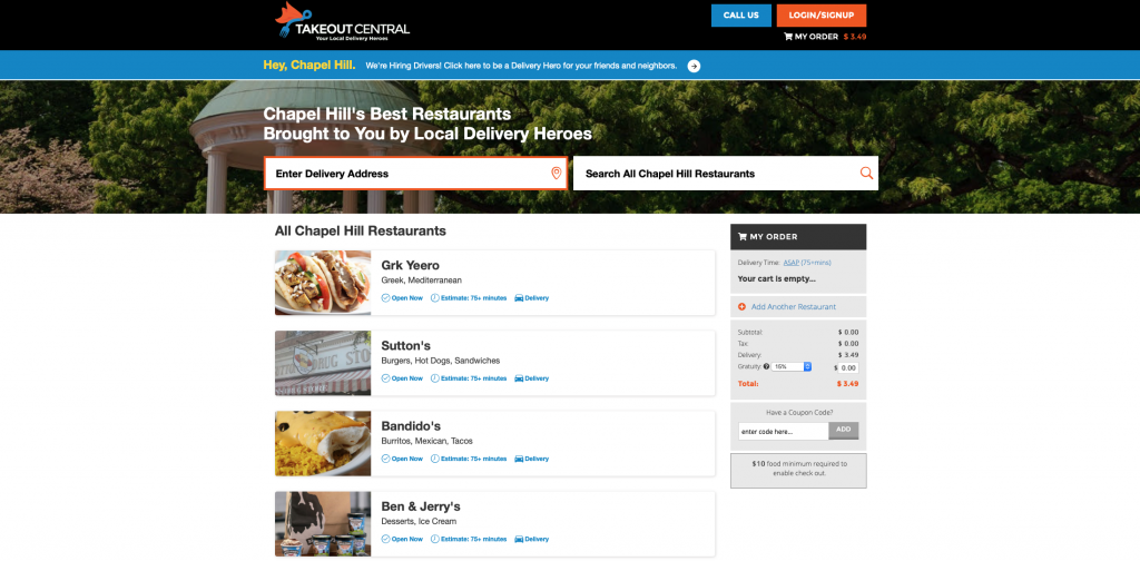 Takeout Central website restaurants page